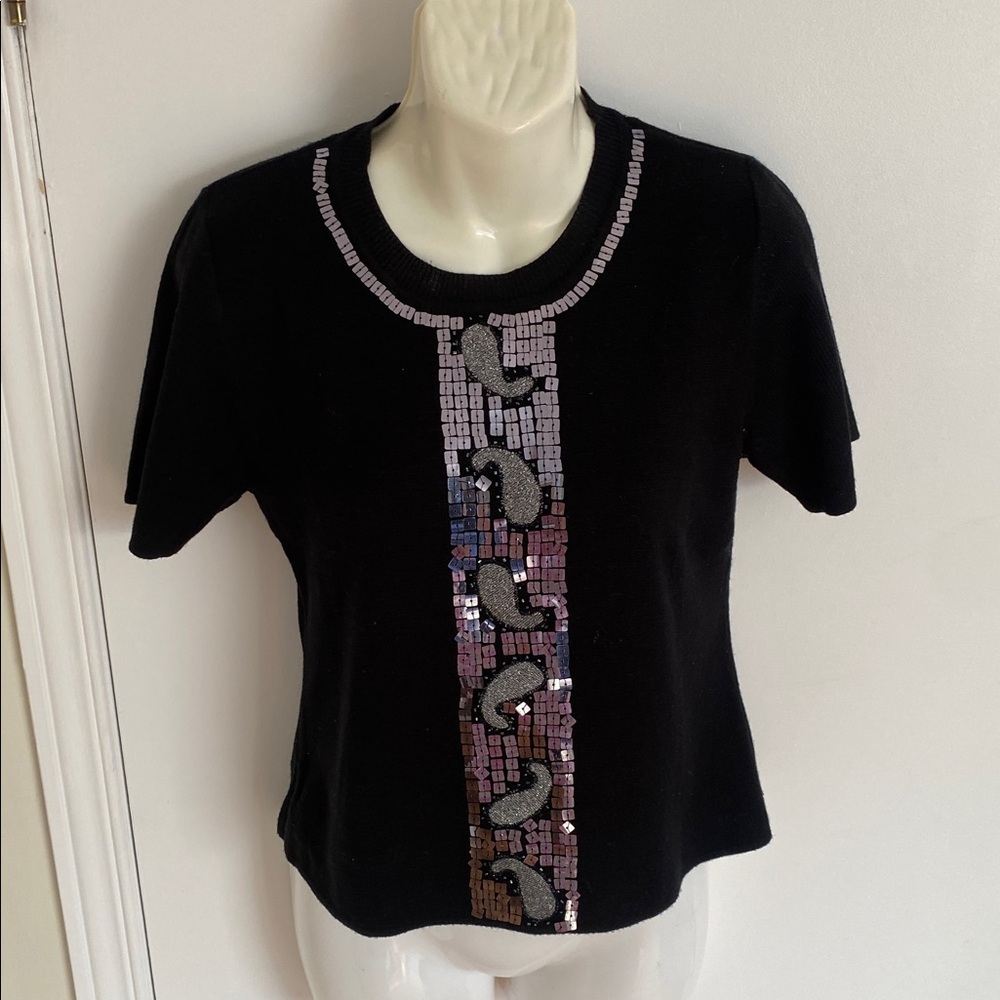 BLACK short sleeved cotton mix knit silver sequenced Top sweater size Medium